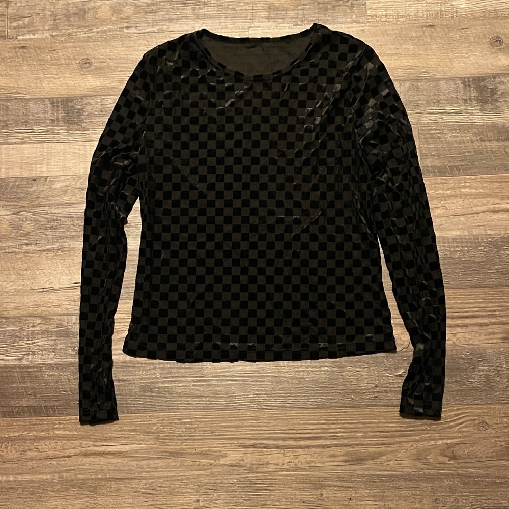 Chic Black Checkered Long Sleeve Women's Top